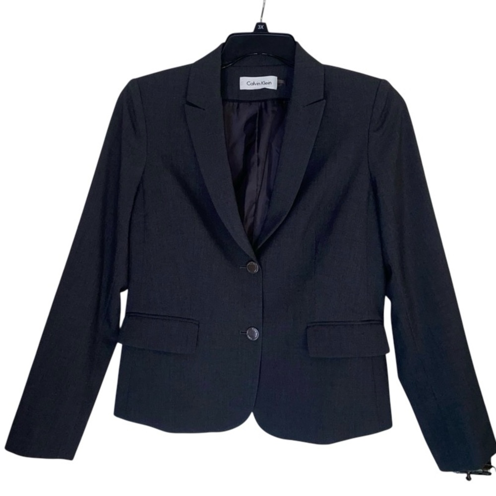 Calvin Klein Blazer Jacket Womens Sz 8 Charcoal  Lined 2-Button Single Breasted